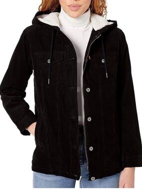 NWOT WOMEN Black Hooded Sherpa-Lined Corduroy Jacket -M